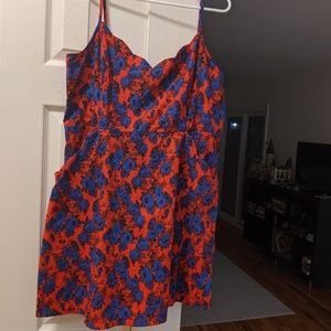 Red w/blue flower spaghetti strap dress. Open back